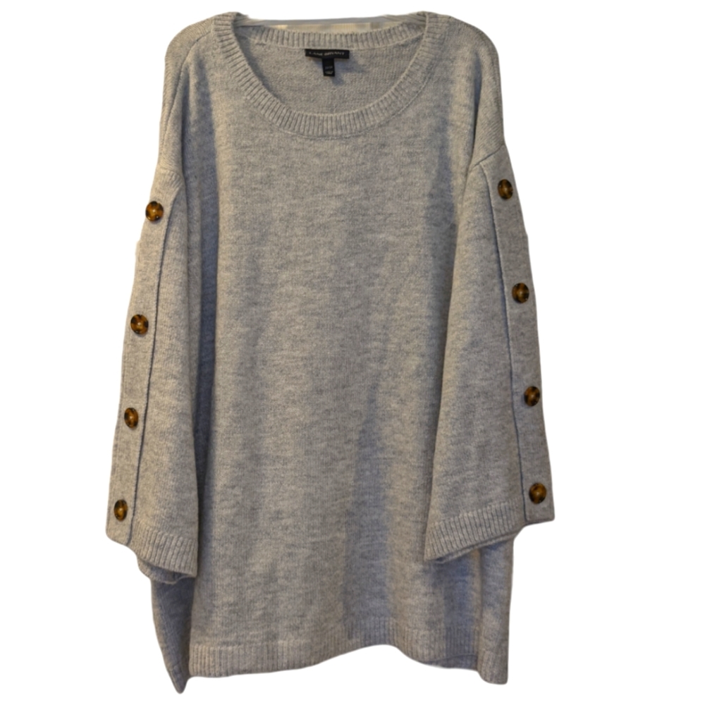 Lane Bryant Light Gray Button-Sleeve Scoop Neck Sweater